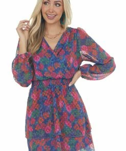 Peach Love Dresses Navy Abstract Floral Swiss Dot Surplice Dress