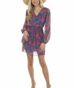 Peach Love Dresses Navy Abstract Floral Swiss Dot Surplice Dress