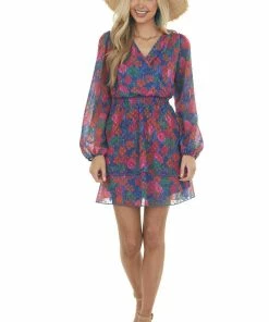 Peach Love Dresses Navy Abstract Floral Swiss Dot Surplice Dress