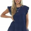 Vanilla Bay Navy Babydoll Tiered Ruffle Sleeve Blouse Tops