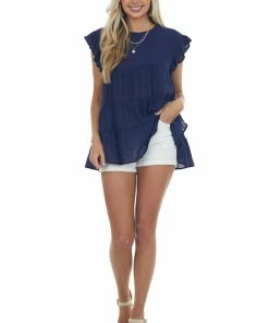 Vanilla Bay Navy Babydoll Tiered Ruffle Sleeve Blouse Tops