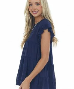 Vanilla Bay Navy Babydoll Tiered Ruffle Sleeve Blouse Tops