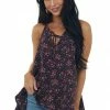 Cozy Casual Navy Blue Ditsy Floral Halter Tie V Neck Tank Tops 1 Cozy Casual Navy Blue Ditsy Floral Halter Tie V Neck Tank Tops