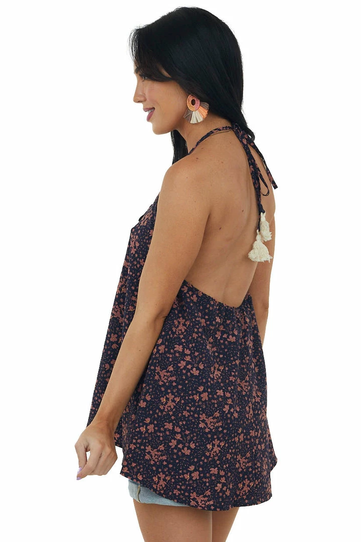 Cozy Casual Navy Blue Ditsy Floral Halter Tie V Neck Tank Tops 6 Cozy Casual Navy Blue Ditsy Floral Halter Tie V Neck Tank Tops