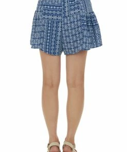 Ces Femme Navy Blue Printed Elastic Waist Flounce Shorts