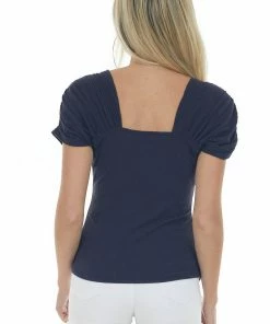 Ces Femme Tops Navy Blue Ruched Sleeve Ribbed Knit Top