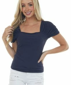 Ces Femme Tops Navy Blue Ruched Sleeve Ribbed Knit Top