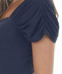 Ces Femme Tops Navy Blue Ruched Sleeve Ribbed Knit Top
