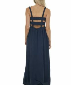 Davi & Dani Dresses Navy Blue Sleeveless Smocked Ruffle Maxi Dress
