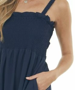 Davi & Dani Dresses Navy Blue Sleeveless Smocked Ruffle Maxi Dress