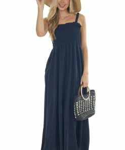 Davi & Dani Dresses Navy Blue Sleeveless Smocked Ruffle Maxi Dress