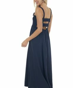 Davi & Dani Dresses Navy Blue Sleeveless Smocked Ruffle Maxi Dress