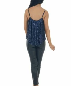 She + Sky Navy Blue Spaghetti Strap Knit Sequin Cami Top