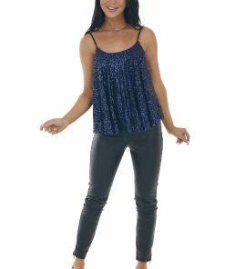 She + Sky Navy Blue Spaghetti Strap Knit Sequin Cami Top