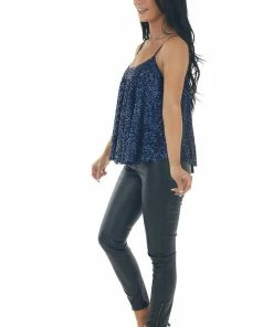 She + Sky Navy Blue Spaghetti Strap Knit Sequin Cami Top