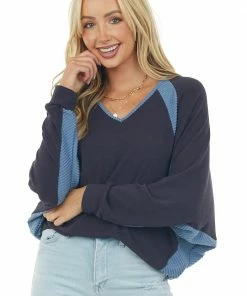 Ces Femme Navy Blue V Neck Knit Top With Ribbed Contrast