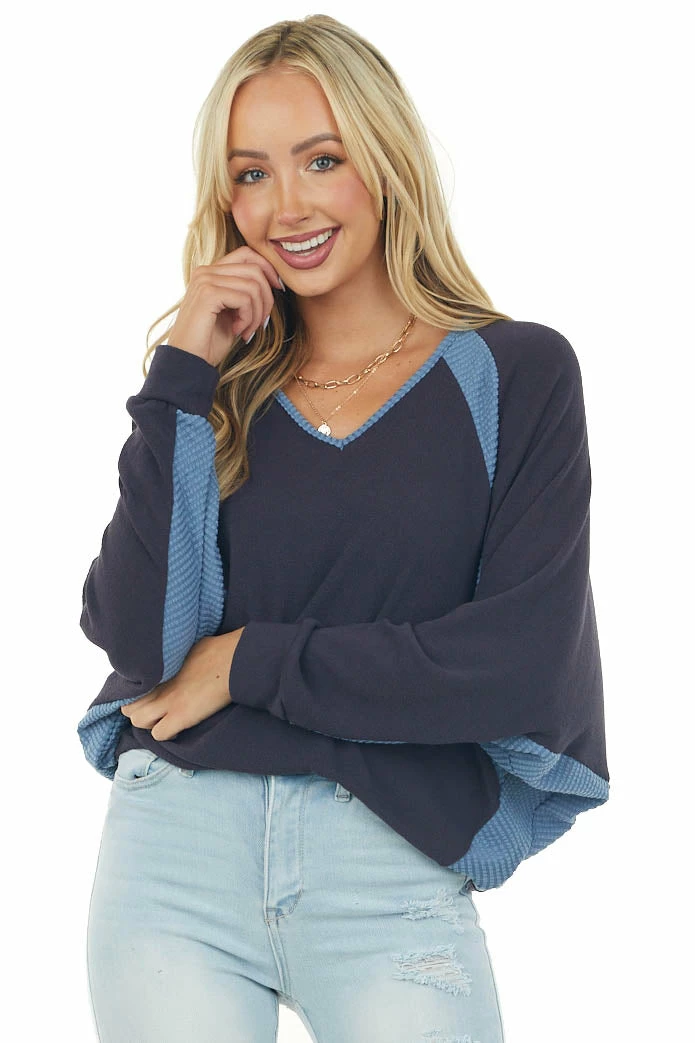 Ces Femme Navy Blue V Neck Knit Top With Ribbed Contrast 3 Ces Femme Navy Blue V Neck Knit Top With Ribbed Contrast