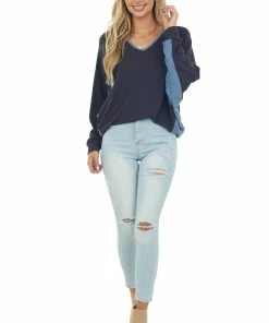 Ces Femme Navy Blue V Neck Knit Top With Ribbed Contrast 9 Ces Femme Navy Blue V Neck Knit Top With Ribbed Contrast