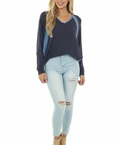 Ces Femme Navy Blue V Neck Knit Top With Ribbed Contrast 10 Ces Femme Navy Blue V Neck Knit Top With Ribbed Contrast