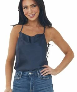 Skies Are Blue Tops Navy Cowl Neck Racerback Satin Camisole Top