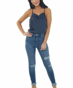 Skies Are Blue Tops Navy Cowl Neck Racerback Satin Camisole Top