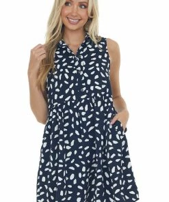 Umgee Dresses Navy Dalmatian Sleeveless Collar Short Dress