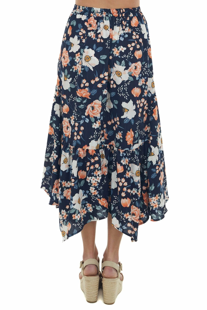 Umgee Bottoms Navy Floral Asymmetrical Ruffle Hem Midi Skirt 6 Umgee Bottoms Navy Floral Asymmetrical Ruffle Hem Midi Skirt