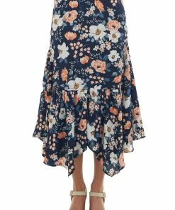 Umgee Bottoms Navy Floral Asymmetrical Ruffle Hem Midi Skirt