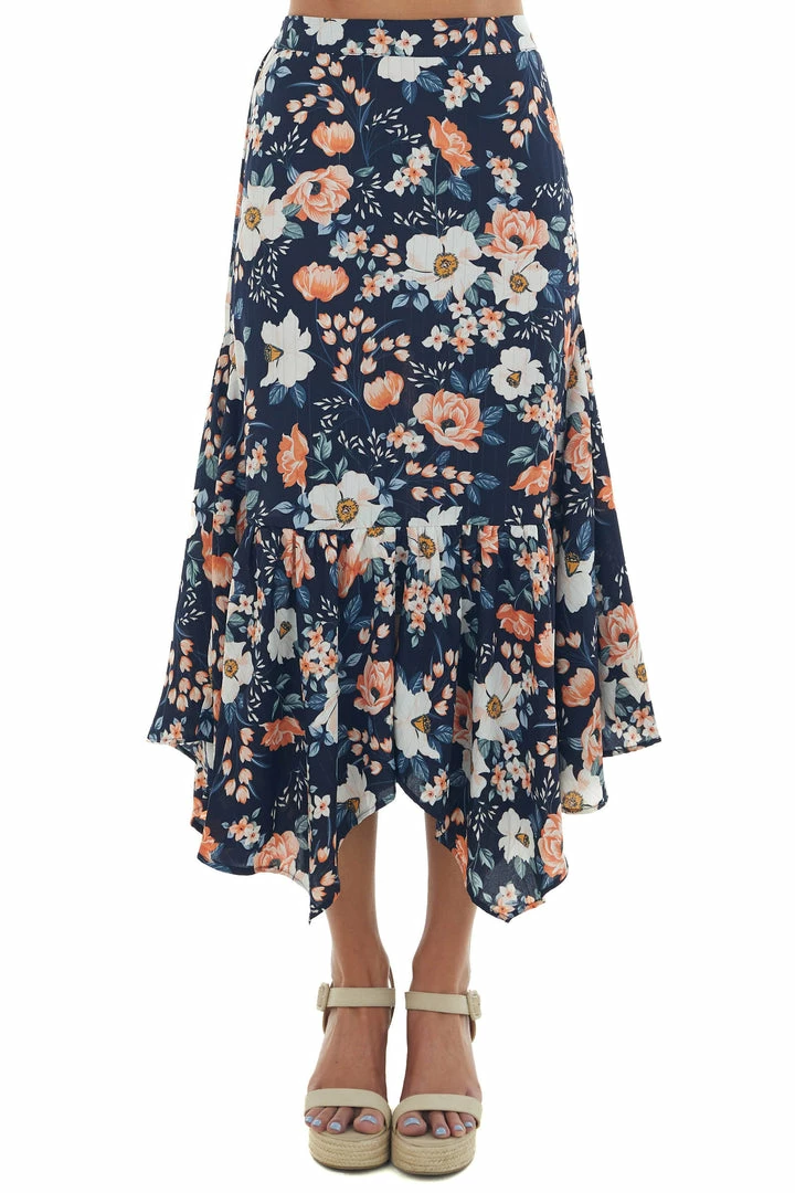 Umgee Bottoms Navy Floral Asymmetrical Ruffle Hem Midi Skirt 4 Umgee Bottoms Navy Floral Asymmetrical Ruffle Hem Midi Skirt