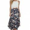 Umgee Bottoms Navy Floral Asymmetrical Ruffle Hem Midi Skirt