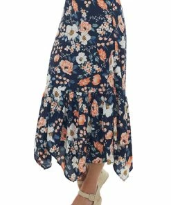 Umgee Bottoms Navy Floral Asymmetrical Ruffle Hem Midi Skirt 8 Umgee Bottoms Navy Floral Asymmetrical Ruffle Hem Midi Skirt