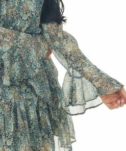 Main Strip Dresses Navy Floral Button Front Long Sleeve Dress