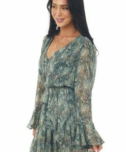 Main Strip Dresses Navy Floral Button Front Long Sleeve Dress