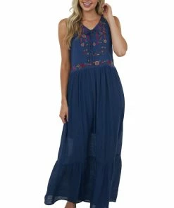 Umgee Dresses Navy Floral Embroidered Sleeveless Maxi Dress