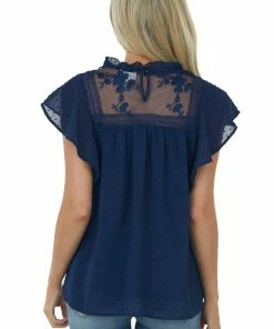 BiBi Navy Floral Lace Yoke Short Sleeve Swiss Dot Blouse