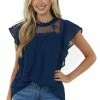 BiBi Navy Floral Lace Yoke Short Sleeve Swiss Dot Blouse