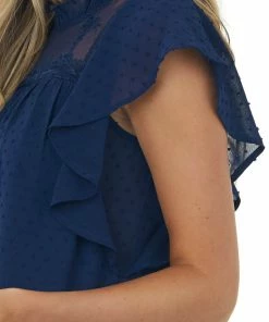 BiBi Navy Floral Lace Yoke Short Sleeve Swiss Dot Blouse