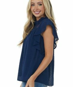 BiBi Navy Floral Lace Yoke Short Sleeve Swiss Dot Blouse