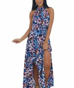 Staccato Navy Floral Print Halter Neck Maxi Dress Dresses