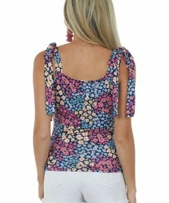 SugarFox Navy Floral Print Square Neckline Knit Tank Top