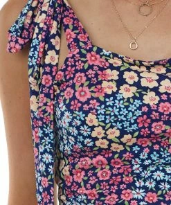 SugarFox Navy Floral Print Square Neckline Knit Tank Top