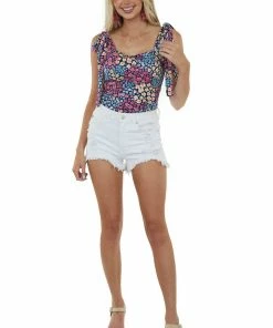 SugarFox Navy Floral Print Square Neckline Knit Tank Top