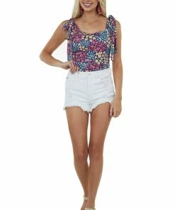 SugarFox Navy Floral Print Square Neckline Knit Tank Top