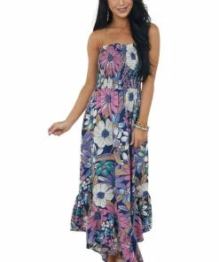 ANGIE Dresses Navy Floral Print Strapless Smocked Midi Dress