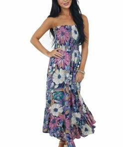 ANGIE Dresses Navy Floral Print Strapless Smocked Midi Dress