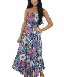 ANGIE Dresses Navy Floral Print Strapless Smocked Midi Dress