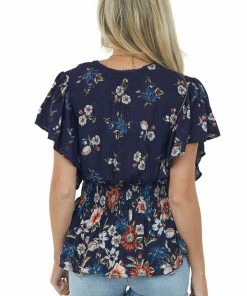 ANGIE Tops Navy Floral Print Surplice Peplum Blouse 16 ANGIE Tops Navy Floral Print Surplice Peplum Blouse