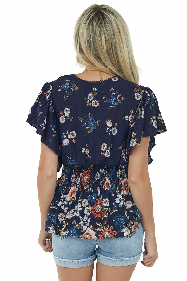 ANGIE Tops Navy Floral Print Surplice Peplum Blouse 9 ANGIE Tops Navy Floral Print Surplice Peplum Blouse