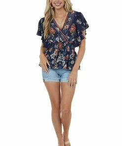 ANGIE Tops Navy Floral Print Surplice Peplum Blouse 14 ANGIE Tops Navy Floral Print Surplice Peplum Blouse