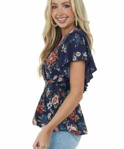 ANGIE Tops Navy Floral Print Surplice Peplum Blouse 15 ANGIE Tops Navy Floral Print Surplice Peplum Blouse